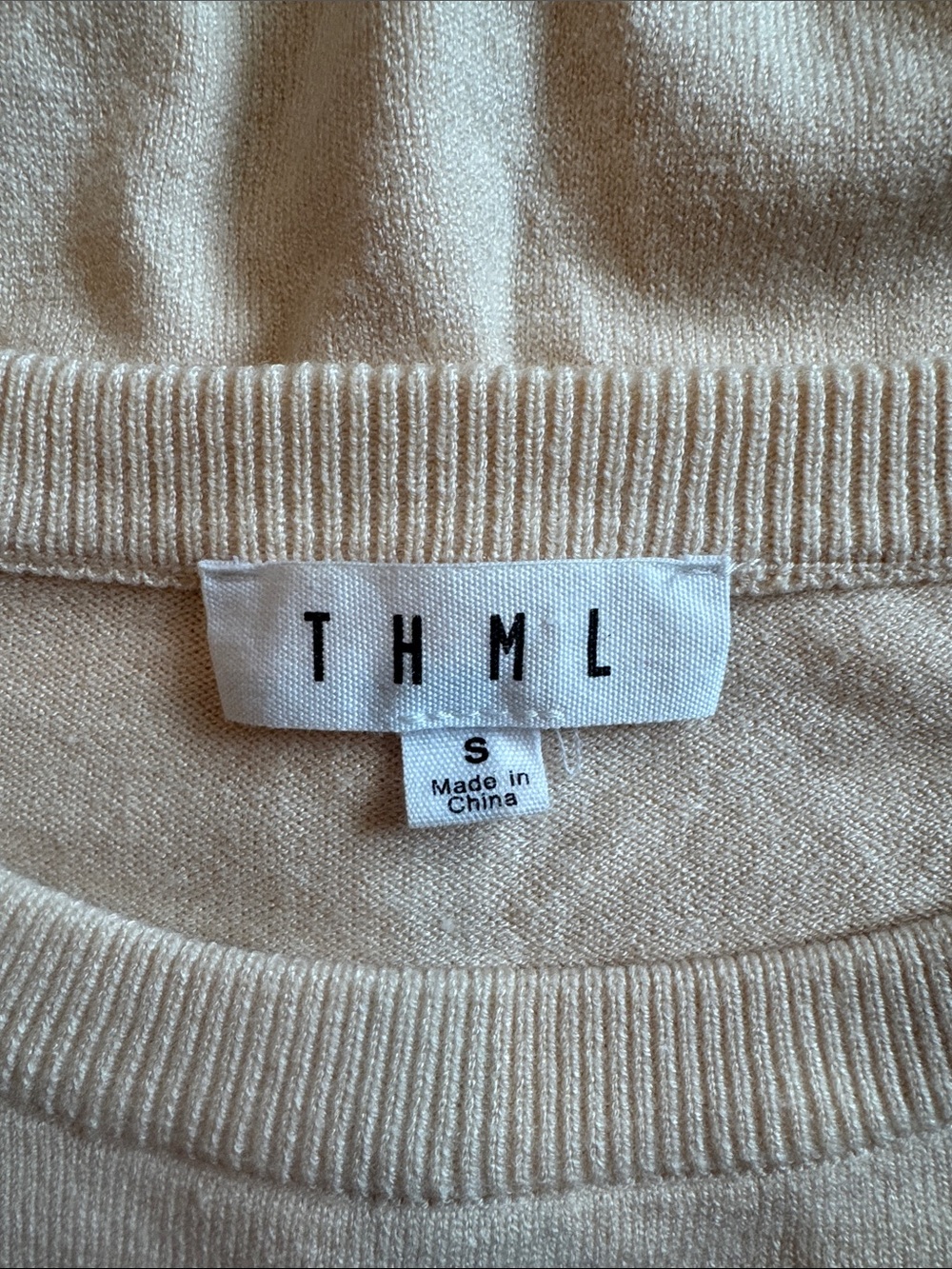 THML Beige Crewneck Sweater with Pink Blue and Orange Stripe Sleeves - Picture 4 of 8